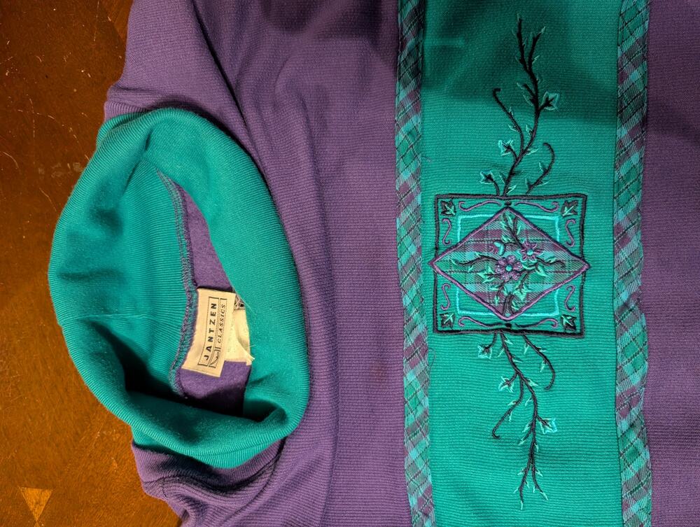 Vtg 80s 90s Jantzen Mock Neck Grandma Sweatshirt Purple Teal Floral Embroidered